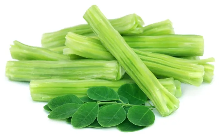 Fresh moringa drumstick pods with leaves